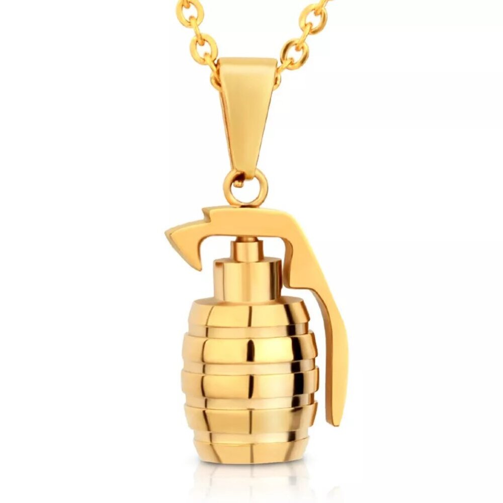 Gold‎ Stainless Steel Mini Grenade Pendant Necklace, Army, Veteran, Bruno Mars